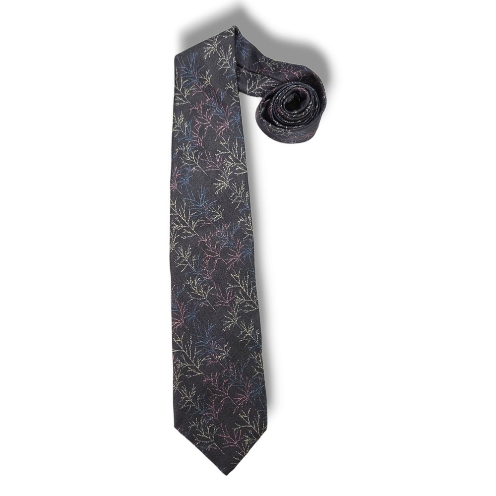 Fratelli Silk Necktie Botanical Branch Print Charcoal Gray Blue Pastel Italy OS